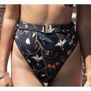 KINGDOM & STATE Women’s S High Rise Swim Bottoms Belted Black Tropical Print NEW